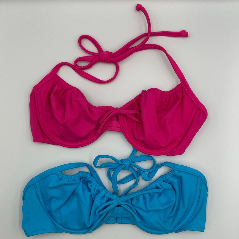 Venus Underwire Halter Bikini Tops Pink Blue Lot of 2 C 32-34 band Ruched‎ Tie